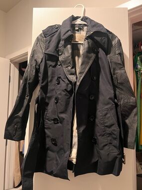 Burberry Black Trench Coat with Black Leather Sleeves